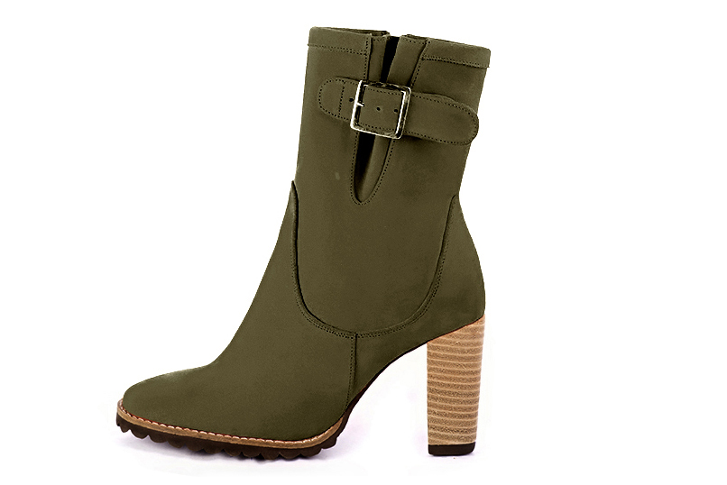 Women's khaki green elegant ankle boots, with buckles on the sides. Round toe. High block heels - Profile view
